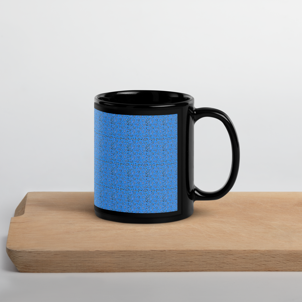 Black Glossy Mug, Blue Pattern Print, Home