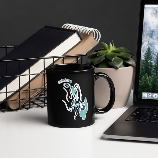 Black Glossy Mug, Blue Breeze Print, Home