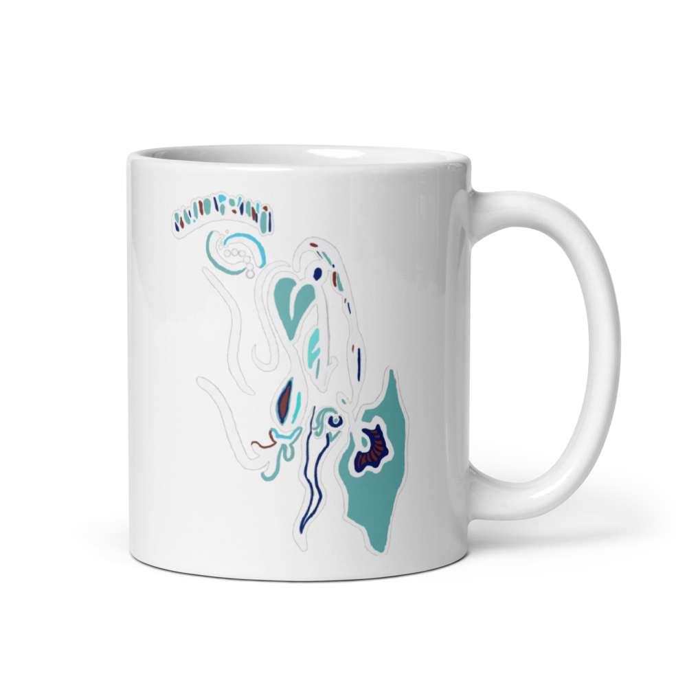 White Glossy Mug, Blue Breeze Print, Home