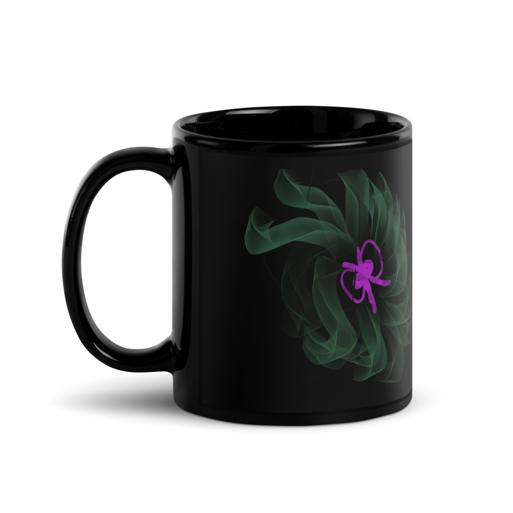 Black Glossy Mug, Green Floral Print, Home