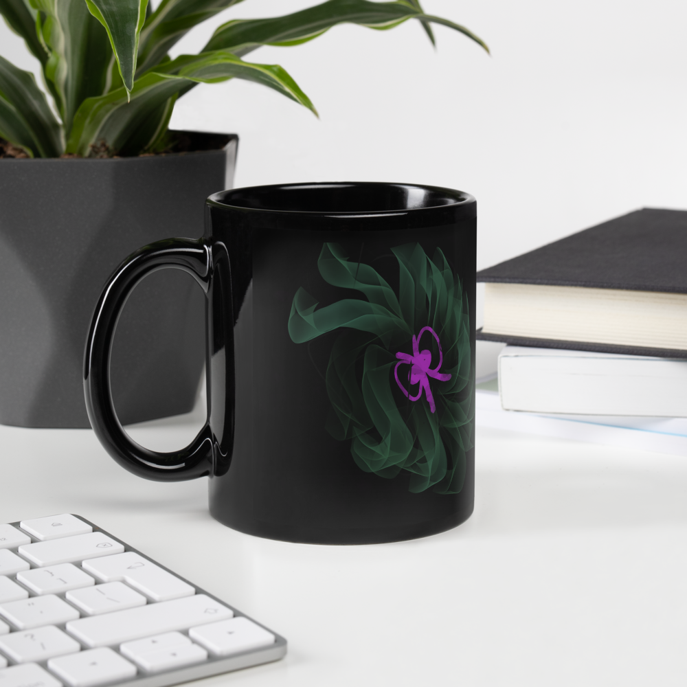 Black Glossy Mug, Green Floral Print, Home