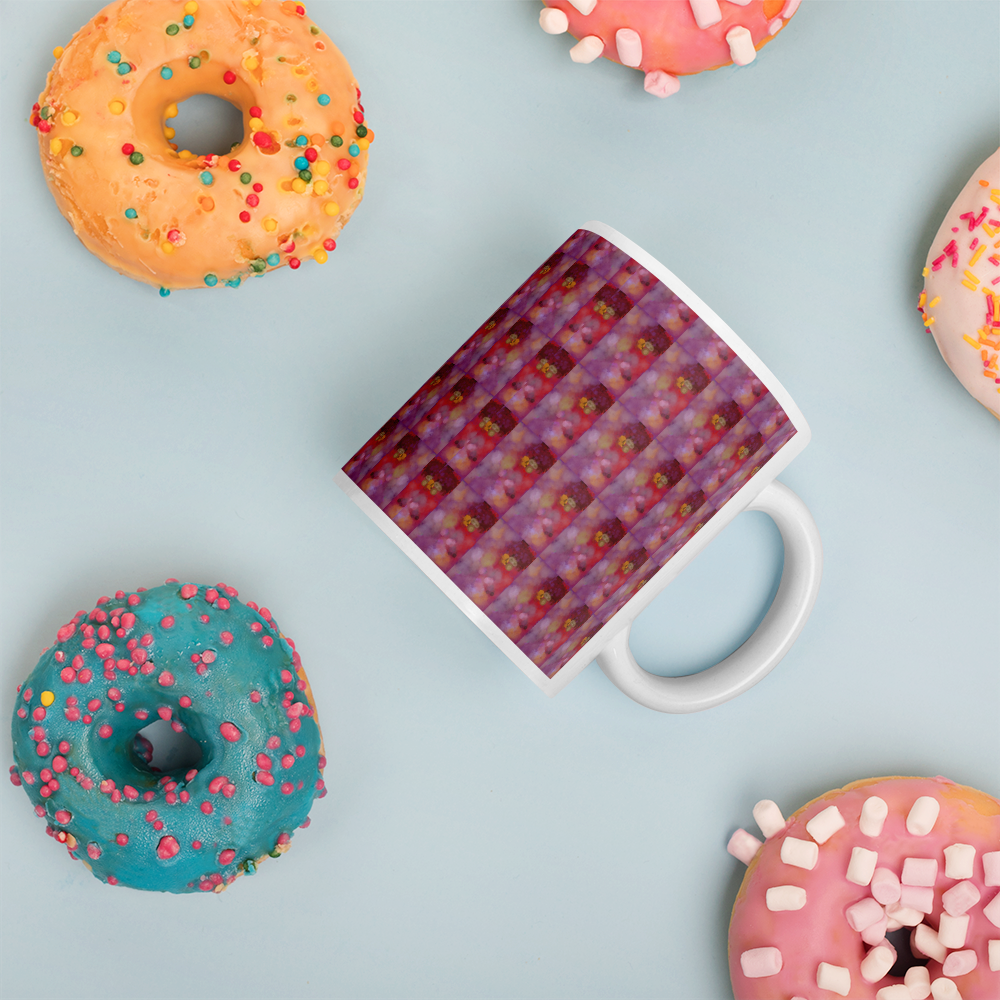 White Glossy Mug, Gaze Purple Pattern Print, Home