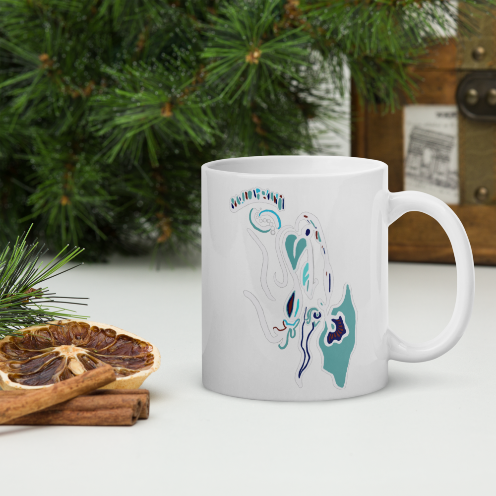 White Glossy Mug, Blue Breeze Print, Home