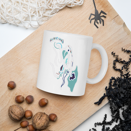 White Glossy Mug, Blue Breeze Print, Home
