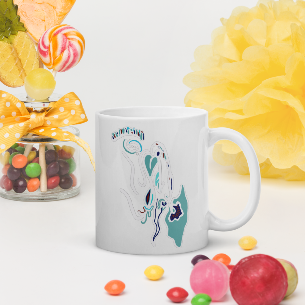 White Glossy Mug, Blue Breeze Print, Home
