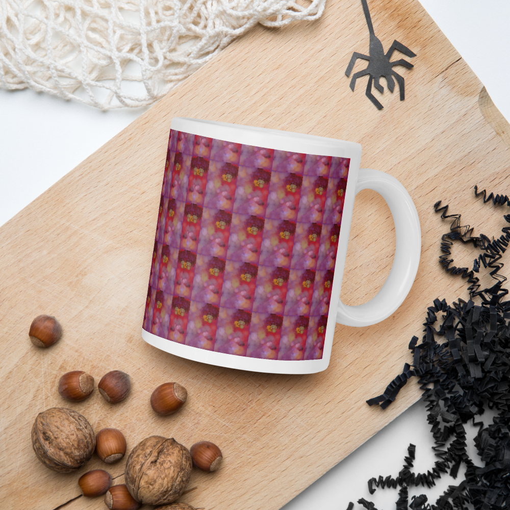 White Glossy Mug, Gaze Purple Pattern Print, Home