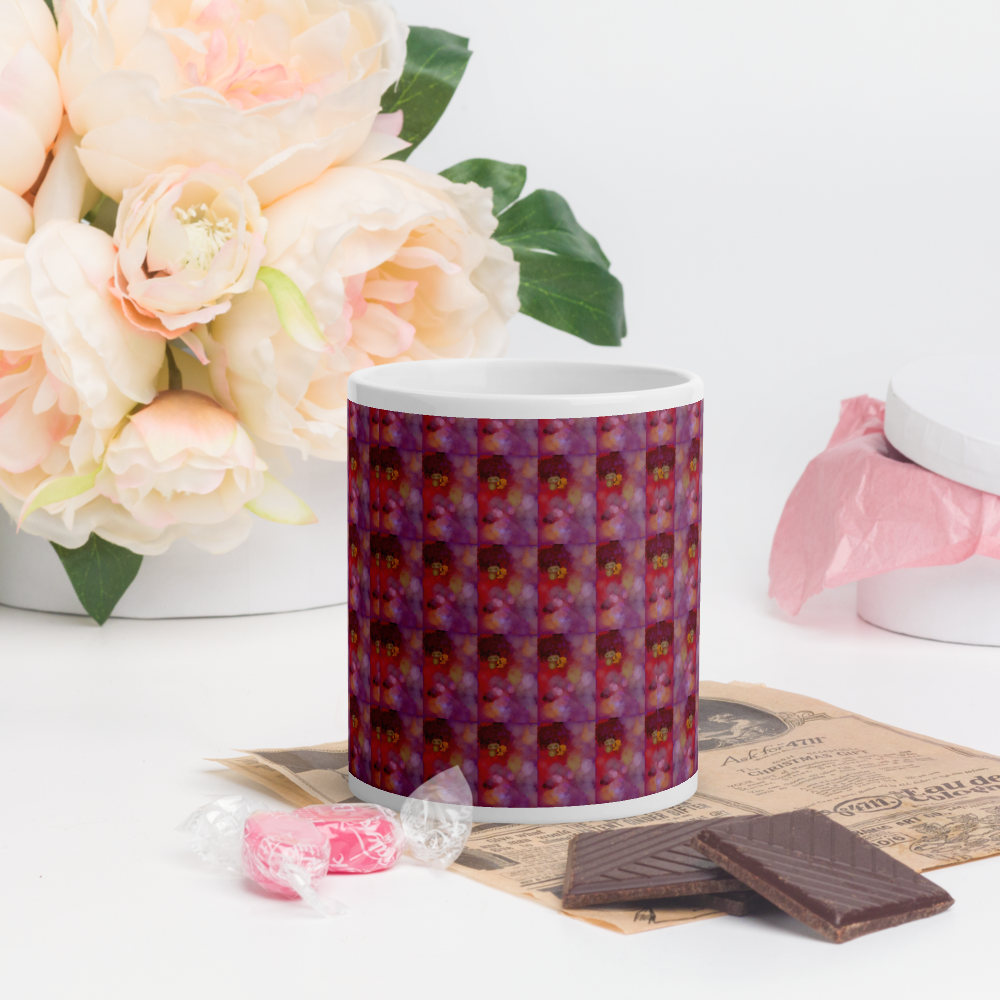 White Glossy Mug, Gaze Purple Pattern Print, Home