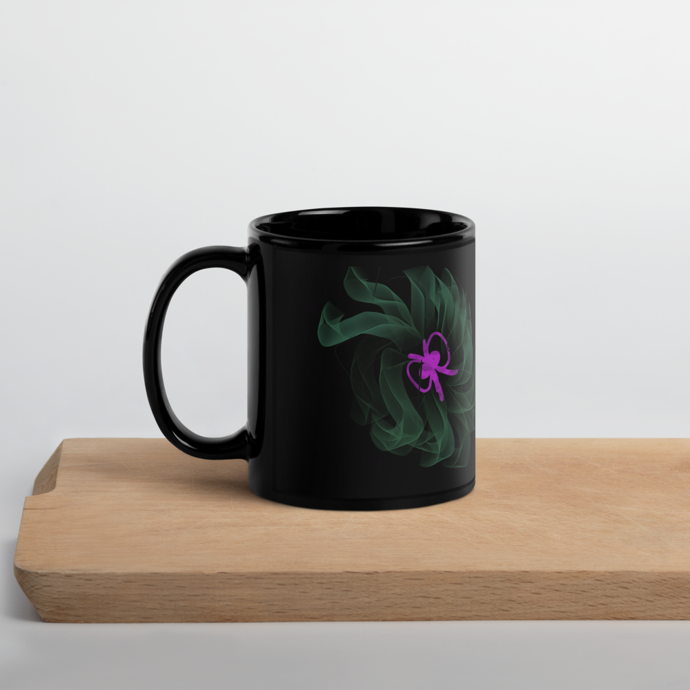 Black Glossy Mug, Green Floral Print, Home